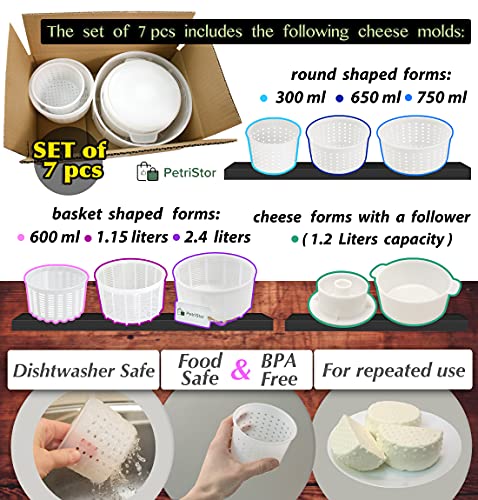 PetriStor 7pcs Cheese Making Kit Beginners №1 - Soft Cheese Molds + Cheese Mold with a Follower Piston - Cheese Making Supplies - Cream Cheese Form Mold Basket