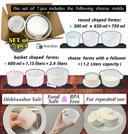PetriStor 7pcs Cheese Making Kit Beginners №1 - Soft Cheese Molds + Cheese Mold with a Follower Piston - Cheese Making Supplies - Cream Cheese Form Mold Basket