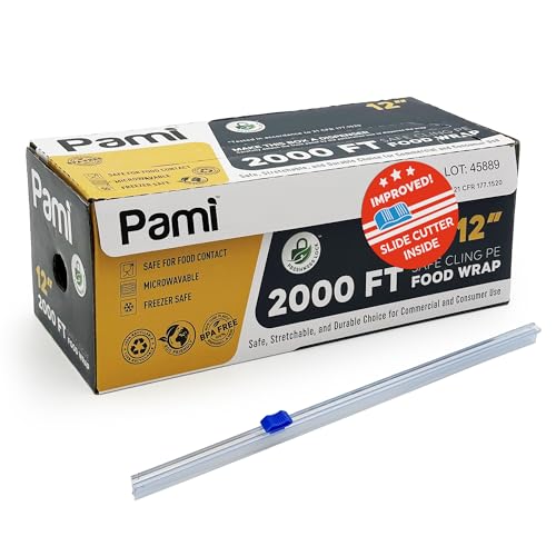 PAMI Plastic Food Wrap 12” x 2000 FT with Slide Cutter – Safe Cling Stretch Film, BPA Free, Microwave & Freezer Safe, Durable Food Storage Wrap for Home & Commercial Use - size: 12 " x 2000ft