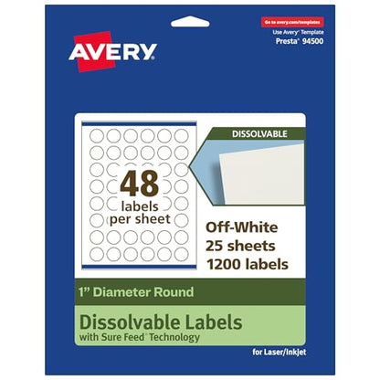 Avery Dissolvable Round Labels, Sure Feed Technology, 1" Diameter, Matte White, Print-to-The-Edge, Laser/Inkjet Printable, 1200 Labels Total - style: 1,200 labels