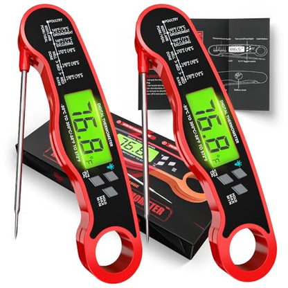 AWLKIM 2 Pack Meat Thermometer Digital, Instant Read Thermometer, Red | 2-pack grill and kitchen thermometers with backlit displays and magnetic storage - color: 2 Pack Red