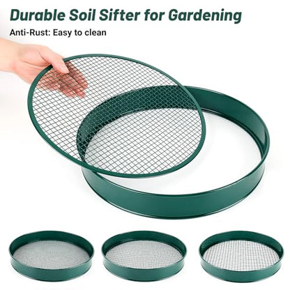 Soil Sifter for Gardening, 12" Green Soil Sifter Potting Sieve with Shovel and 4 Fine Screens for Sand Dirt, Sand, Rock, Filtration, Compost and Bonsai (5 IN1)