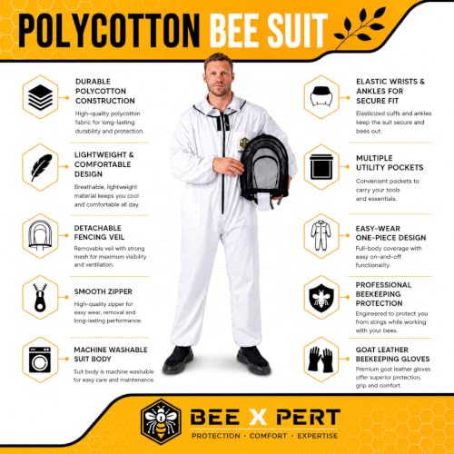 Cotton Beekeeping Suit with Removable Veil & Gloves – Full Body Protective Bee Suit, Breathable Sting Protection for Beginner & Professional Beekeepers (Adult-3XL) - size: Adult-3XL