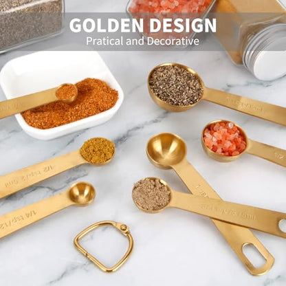 Measuring Spoons,304 Stainless Steel Measuring Cups & Spoon Set of 7 Piece:1Tbsp&1/2Tbsp,1tsp,3/4tsp,1/2tsp,1/4tsp,1/8tsp Teaspoon Coffee Scoop Tablespoon for Dry and Liquid Ingredients,Gold - color: Gold