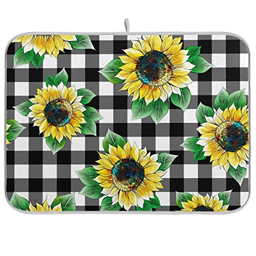 Absorbent Dish Drying Mat for Kitchen Counter - Sunflower Lattices Vintage Microfiber Drying Pad, Reversible Drainer Mats for Countertop, Small 16" x 18" - color: Sunflower Cute Vintage#32, size: 16x18(in)x1