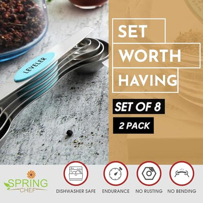 Spring Chef Stainless Steel Magnetic Measuring Spoons Set of 8 with Leveler, Metal Teaspoon & Tablespoon Measuring Spoons with Strong Magnets, Kitchen Gadgets for Baking & Cooking - 2 Pack - Aqua Sky - color: Blue (Aqua Sky), size: 2-Pack
