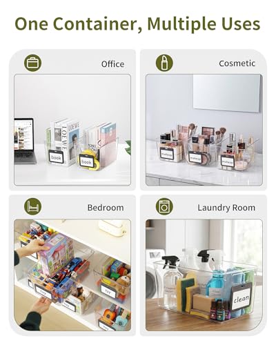 iCASA 6 Pack Clear Plastic Storage Bins with Labels for Pantry Organization | Large Clear Bins for Organizing, Ideal for Shelves, Cabinet, Under Sink, Laundry, Closet, Kitchen, Fridge, Bathroom Organizer