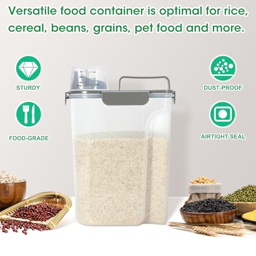 TBMax Airtight Rice Container 10 Lbs, Cereal Dispenser, Pet Cat Dog Food Storage Container, Plastic Kitchen Pantry Food Storage Holder with Cup -Dark Grey