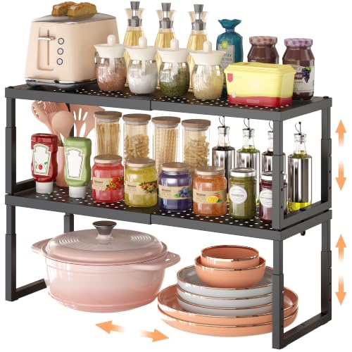 RUILALIFE Expandable-Stackable-Shelf-Organizer-For-Cabinet Pantry Closet,Kitchen Counter Shelf With Adjustable Height, Metal Storage Shelf Riser Spice Rack For Cupboard Countertop - color: Black-2 Pack