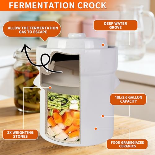 Fermentation Crock Jar 10 Liter/2.6 Gallon - Stoneware Pot for Fermenting, Pickling Kimchi, Pickles, Vegetables, Kombucha - Glazed Fermenter with Stone Weights, Lid-White