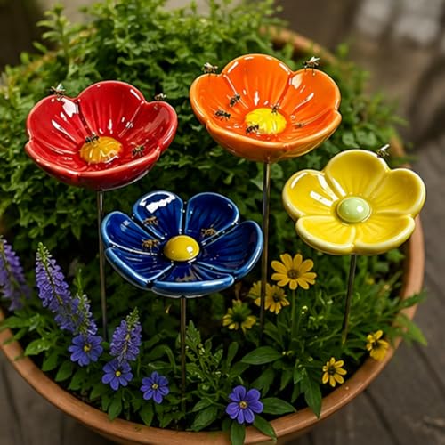 Bee Watering Station for Garden – 2026 New Ceramic Blossom Watering Cups, Handmade Flower Feeder & Water Dish, Outdoor Yard Art for Butterflies & Birds (4Pack) - size: 4Pack