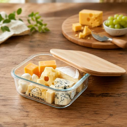 Cheese Container for Refrigerator,Glass cheese slice holder with Wooden Lid,Lunch Deli Meat Containers for Fridge,BPA-Free Shredded Cream Block Sliced,Grated,CheddarCheeses Storage Box Saver keeper