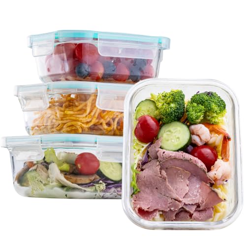 Glass Food Storage Containers Set with Airtight Lids – Leak-Proof Meal Prep Containers for Soups, Leftovers & Lunches – BPA Free, Microwave, Dishwasher & Freezer Safe (3PCS) - color: Blue 3PCS