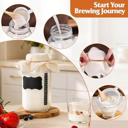 Kefir Starter Kit, 64oz Mason Fermentation Jar with 2 Kefir Strainers, kombucha starter kit with wooden spoon.Complete DIY Kefir for Home Brewing