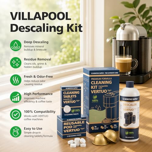 Descaling Kit Compatible with Nespresso Vertuo, 12 Month Supply-Includes 1 Bottle of Descaling Solution, 12 Cleaning Tablets & 2 Reusable Pods, Cleans Pod Area & Limescale, for Vertuoline