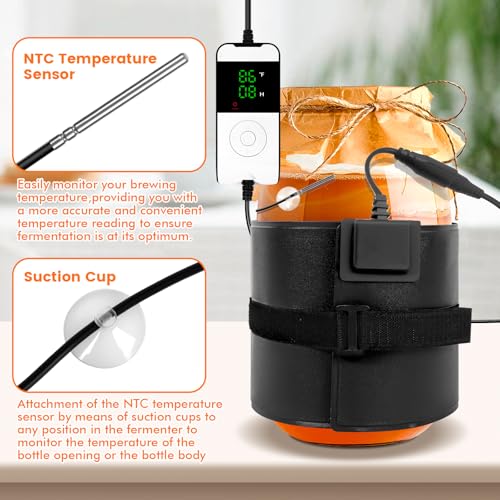 Kombucha Heating Wrap with Digital Thermostat - Fermentation Heating Pad for Kombucha Warmer, Equipped with an NTC Temperature Sensor & Suction Cup, Suitable for 1 Gallon 2 Gallon 3 Gallon