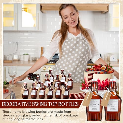 12 Set Swing Top Glass Flask Homemade Vanilla Extract Bottles with Stoppers Stickers Jar Brush Funnel Rope Labels Bottle for Holiday DIY Crafts Christmas Wedding Gifts (Amber,16.6oz) - size: 16.6oz