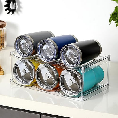 LARGER Compartment - Stackable Water Bottle Organizer Holder - for Stanley & Others' Large Tumbler - Clear Wine Rack, Cup Bottle Holder for Cabinet Home Countertop Fridge Pantry Shelf, 2 Tier Hold 6 - size: 2 Tier - Hold 6