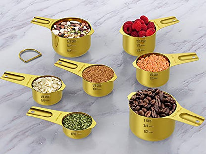 Wildone Gold Measuring Cups & Spoons Set of 21 - Includes 7 Stainless Steel Nesting Measuring Cups, 8 Measuring Spoons, 1 Leveler & 6 Mini Measuring Spoons, Ideal for Dry & Liquid Ingredients - color: Gold