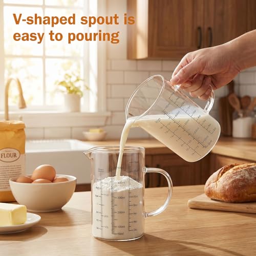 Graduated Glass Measuring Cup With Handle 500ML (16Oz, 2Cups) | High Borosilicate Liquid Measuring Cup for Baking Cooking Kitchen V-Shaped Spout Glass Measuring Beaker Easy To Read - size: 500ML (16Oz, 2Cups)