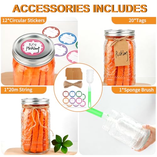 32 oz Wide Mouth Mason Jars with Lids and Bands, 12 Pack Quart Canning Jars, Clear Glass Jars for Pickling, Preserving, Meal Prep