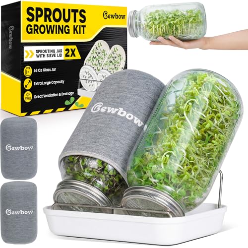 [LARGE SIZE] 2000ml(68oz) Seed Sprouting Mason Jar Kit with Stand,Drain Tray, Screen Lids,Blackout Sleeves,Good Ventilation & Drainage Capacity,Growing Fresh Organic Mung Beans,Broccoli & Microgreens