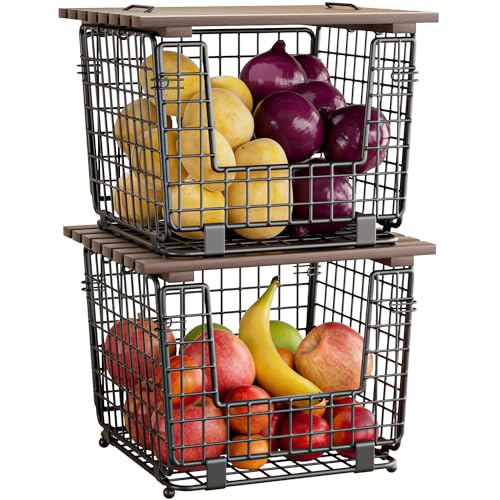 Wire Storage Basket For Kitchen Pantry and Counter - Stackable Wire Organizing Bin For Produce, Vegetable - Countertop Potato, Onion, Veggie Basket Brown - color: 2pack-bronze