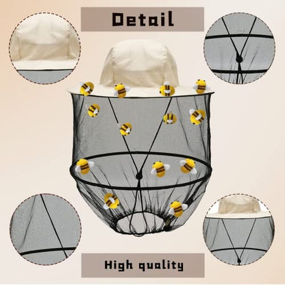 54Pcs Beekeeper hat Set Including 2Pcs Bee Keeper Hats, 12Pcs Wool Felt Bee, Round Double Sided Tape,Bee Keeper Costume Helmet Bug Insect Hats with Netting for Beekeeper Halloween Costume Adult