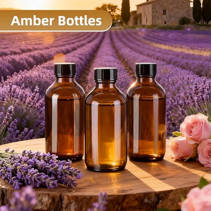4oz (24 Pack) Amber Boston Round Glass Bottles with Black Caps-Includes Funnel & Stickers,Brown Airtight Refillable Containers for Essential Oils,Tinctures,Vanilla Extract, Home Brewing,DIY Storage