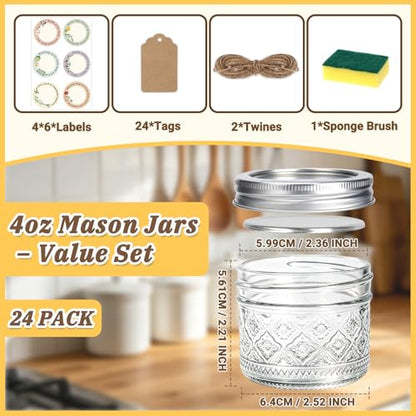 STARSIDE 4oz Embossed Glass Mason Jars 24 Pack, Small Regular Mouth Canning Jars with Airtight Lids for Jams, Jelly, Honey, Snacks, Spices, DIY Gifts & Wedding Favors - color: Clear05-4oz