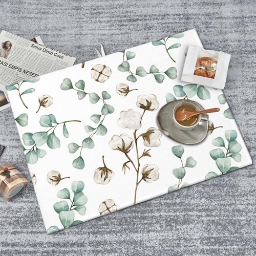 Green Plants Dish Drying Mat for Kitchen Counter Spring Summer Leaves Cotton Plant Microfiber Absorbent Dish Draining Reusable Washable Foldable Extra Large 18"x24" - color: Eucalyptus Leaves Cotton Plant