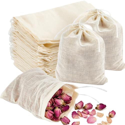 TUZAZO 50 Pcs Muslin Bags with Drawstring 3 x 4 inch, Reusable Tea Bags for Loose Leaf Tea, Natural Cotton Unbleached Cheesecloth Small Spice Bag for Cooking Soup Herb Sachet Bag Empty - size: 3x4 inch, 50 pcs