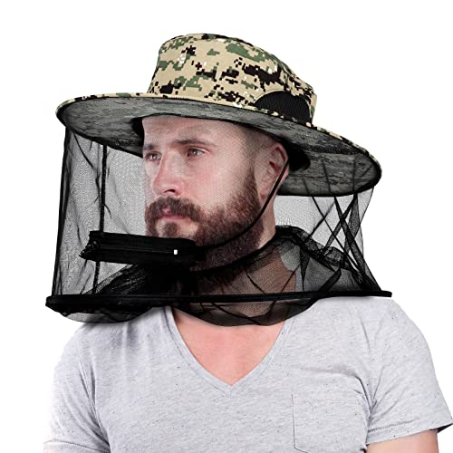 Mosquito Head Net Hat, Sun Hat with Netting, Bee Keeper Hat, Safari Fishing Hats for Outdoor Hiking, Camping, Gardening - color: Camouflage Green
