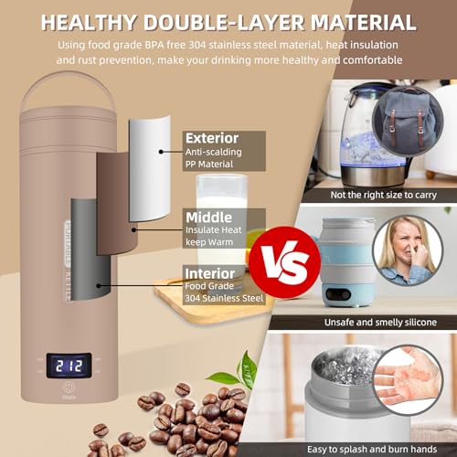 Travel Electric Kettle Portable Small Mini Tea Coffee Kettle Water Boiler, Water Heater with 4 Temperature Control,304 Stainless Steel with Auto Shut-Off & Boil Dry Protection, BPA-Free (Khaki) - color: Khaki