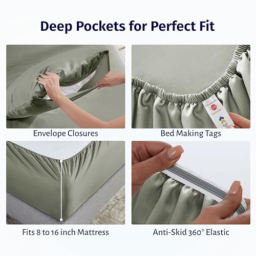 California Design Den Deep Pocket Queen Sheet Set - Certified 100% Egyptian Cotton, Lightweight, Crisp Percale Bed Sheets Queen Size Egyptian Cotton Set, Durable Luxury Bedding (Sage Leaf) - color: Sage Leaf, size: Queen