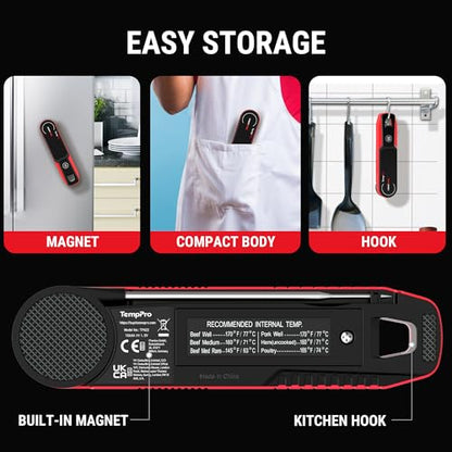 TempPro Lightning 1-Sec Instant Read Meat Thermometer, Kitchen Food Thermometer with 180° Rotating Display, IP67 Waterproof Cooking Thermometer for Deep Fry Smoker BBQ Grill (Previously ThermoPro) - color: Red