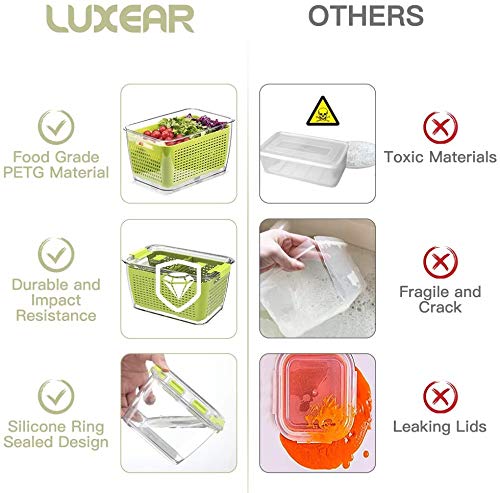 LUXEAR Fresh Container, 3PACK Produce Saver Container BPA Free Fridge Organizer for Vegetable Fruit and Salad Partitioned Food Storage Container with Vents Stay Fresh Containers Not Dishwashers Safe - color: Green