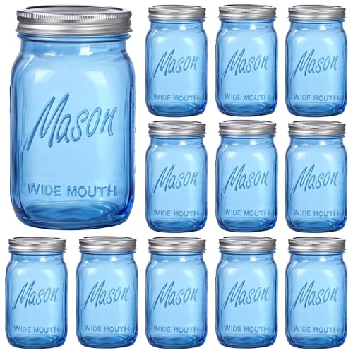 Rubtlamp Blue Mason jar 32 oz, 12 Pack Glass Jars - Wide Mouth Mason Jars with Airtight Lids for Pickling, Fermenting, Food Storage&DIY Crafts, Microwave & Dishwasher Safe - color: Blue