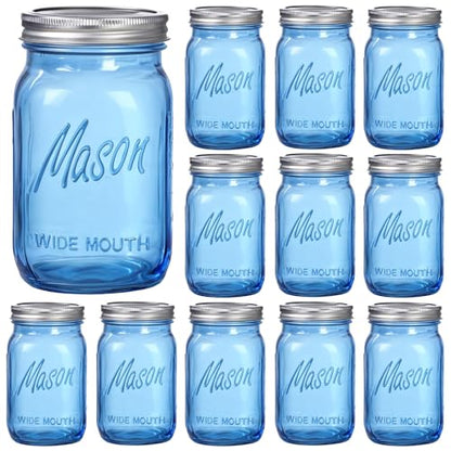 Rubtlamp Blue Mason jar 32 oz, 12 Pack Glass Jars - Wide Mouth Mason Jars with Airtight Lids for Pickling, Fermenting, Food Storage&DIY Crafts, Microwave & Dishwasher Safe - color: Blue