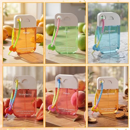 Frienda 12 Pcs Hydrating Hand Sanitizer Spray Scented Pocket Power Mist Hand Sanitizer Travel Size with Keychain Moisturizing Antibacterial Sanitizing Cleans Hands for Women(Juicy) - style: Juicy