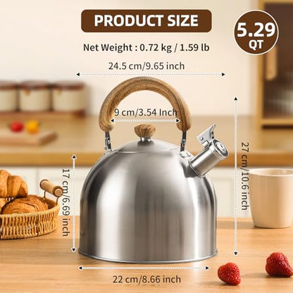 18/8 Stainless Steel Tea Kettle for Stovetop (5L / 5.29 Quart, Whistling Tea Pot, Wood Handle)-Silver - size: 5.3 Quarts