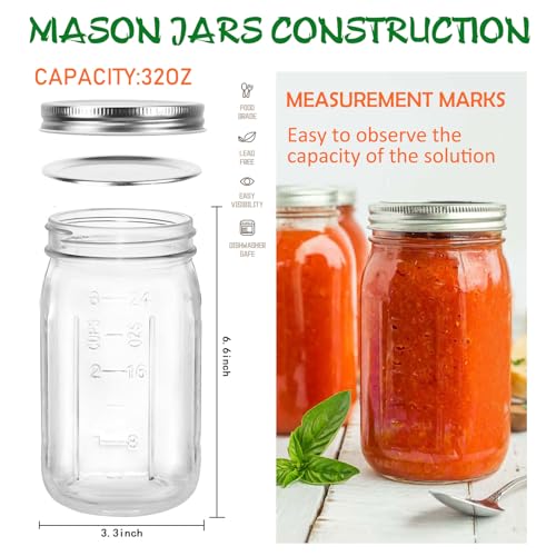 12-Pack Mason Jars 32 oz with Canning Supplies Starter Kit, Wide Mouth Pint Glass Jars with Lids, Jar Lifter Tongs,Funnel,6 in 1 Canner Tools Set for Canning, Pickling (32oz Jars with Tools)