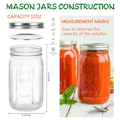 12-Pack Mason Jars 32 oz with Canning Supplies Starter Kit, Wide Mouth Pint Glass Jars with Lids, Jar Lifter Tongs,Funnel,6 in 1 Canner Tools Set for Canning, Pickling (32oz Jars with Tools)