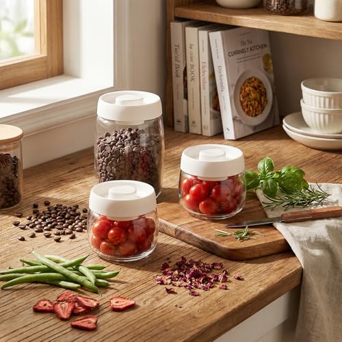 Micro-Vacuum Glass Storage Containers with Built-in Pump(42OZ/20OZ), Airtight Food Storage Container Kitchen Pantry Storage Jar, best for Coffee Beans, Cereal, Fruit, Nuts, Snacks, Candy