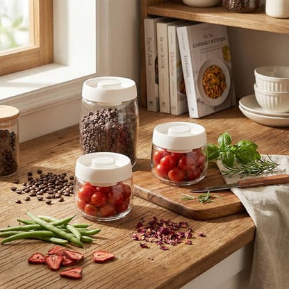 Micro-Vacuum Glass Storage Containers with Built-in Pump(42OZ/20OZ), Airtight Food Storage Container Kitchen Pantry Storage Jar, best for Coffee Beans, Cereal, Fruit, Nuts, Snacks, Candy