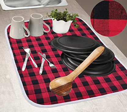 Ramanta Home Buffalo Plaid Check Dish Drying Mat Set of 2 Red Black - 18x24 Inches, Cotton Top Cover Absorbent Dish-Drying Mats For Sink, Dishwasher | Large Kitchen Countertop Protector Dishes Pad - color: Red/Black