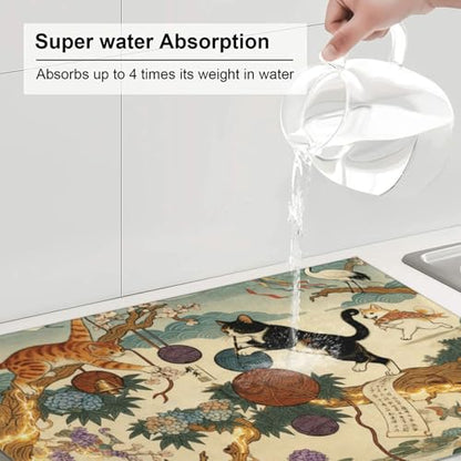 Kitchen Drying Mat for Countertop Oriental Cat Garden Art Pattern Non-Slip Kitchen Counter Mat for Dishes Glassware - color: Beige Teal
