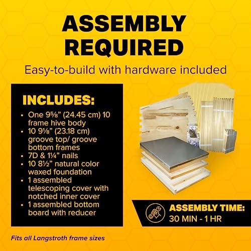 Mann Lake Unassembled Complete Bee Hive Box with Foundation, Langstroth 10 Frame 9 5/8" Hive Body, All Beekeeping Levels, Assembly Required