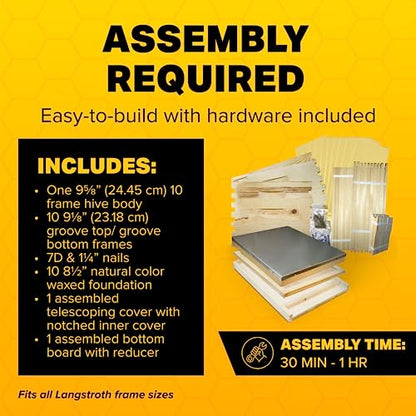Mann Lake Unassembled Complete Bee Hive Box with Foundation, Langstroth 10 Frame 9 5/8" Hive Body, All Beekeeping Levels, Assembly Required