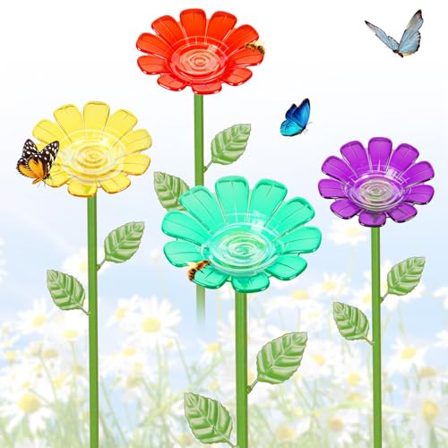 4 Pack Bee Watering Station, Plastic Flower Bee Bath for Garden, Colorful Bee Feeders & Butterfly Watering Station with Decorative Metal Garden Stakes for Garden Yard Patio Decor | Lively and colorful, practical, leakproof - color: 4-Flower Colors